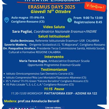 ERASMUS DAY, A CORIGLIANO – ROSSANO EVENTO REGIONALE. GIOVEDÌ 16 L’IIS MAJORANA OSPITA SCUOLE DA TUTTA LA CALABRIA